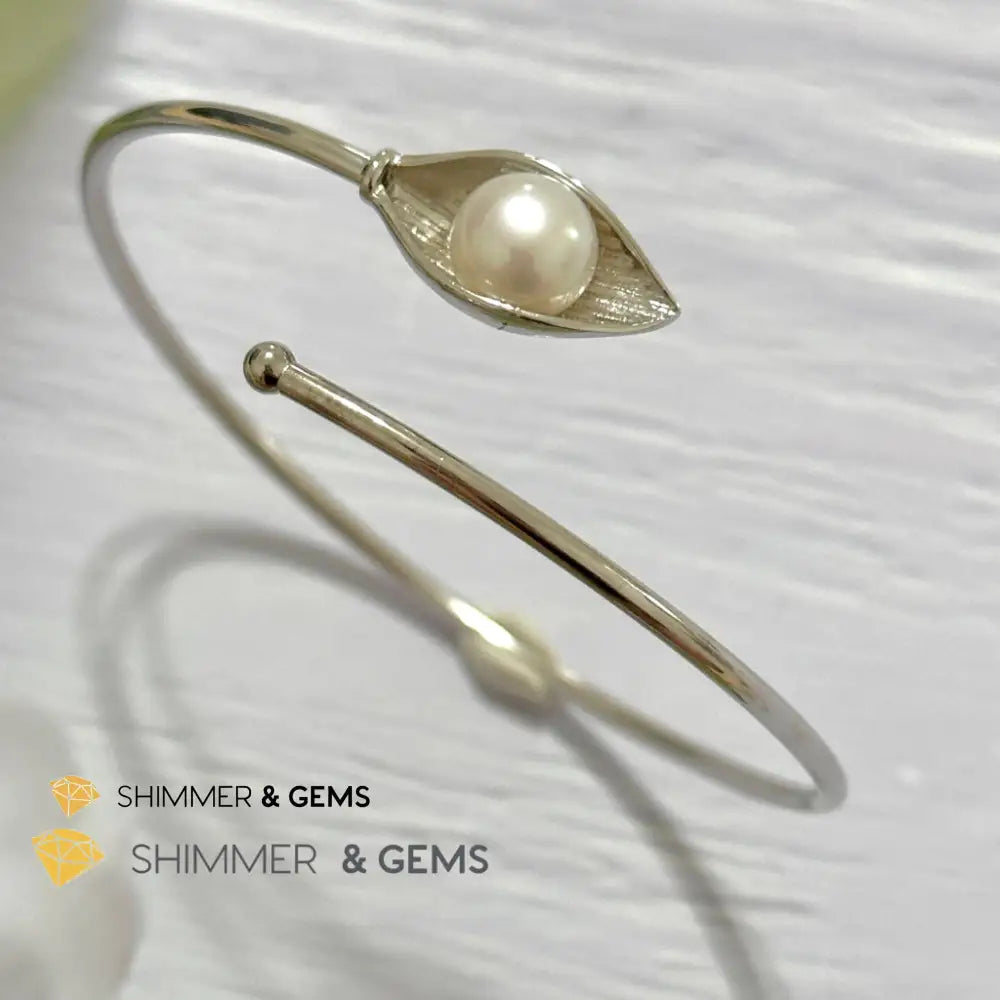 Freshwater Pearl 9mm Round 925 Silver Bangle Adjustable Open Bangle