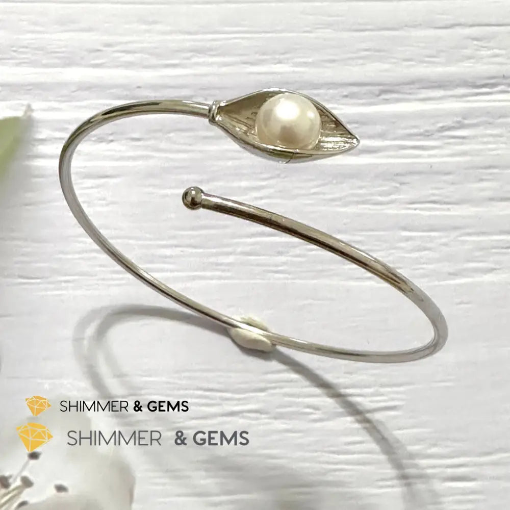 Freshwater Pearl 9mm Round 925 Silver Bangle Adjustable Open Bangle