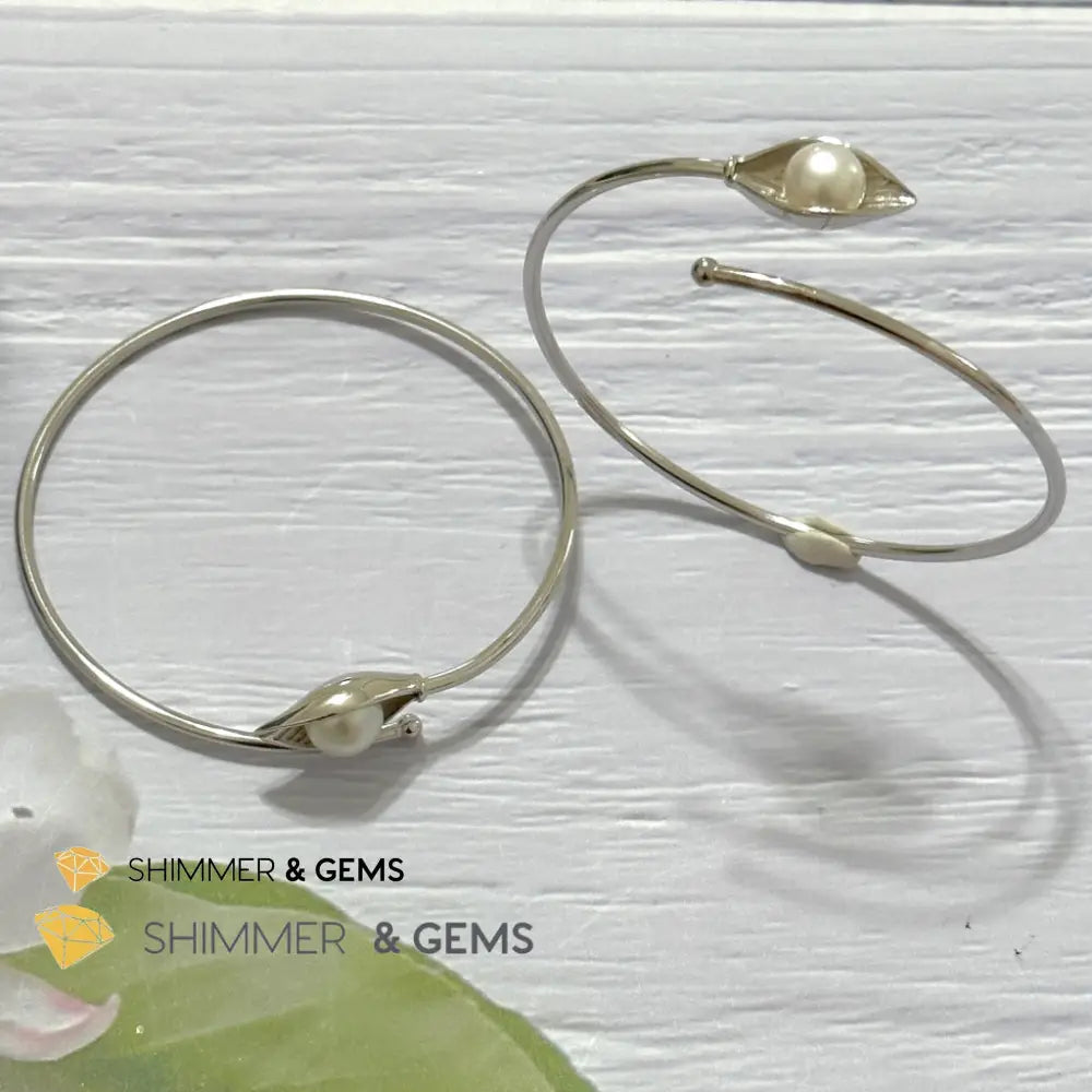 Freshwater Pearl 9mm Round 925 Silver Bangle Adjustable Open Bangle
