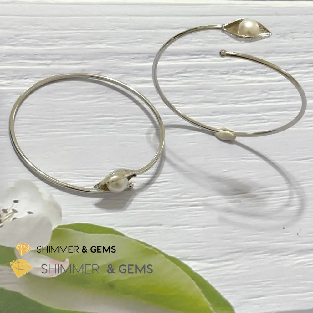 Freshwater Pearl 9mm Round 925 Silver Bangle Adjustable Open Bangle