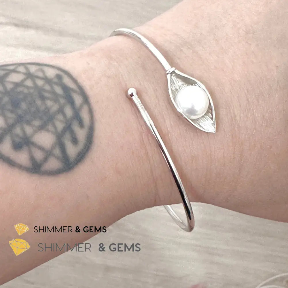 Freshwater Pearl 9mm Round 925 Silver Bangle Adjustable Open Bangle