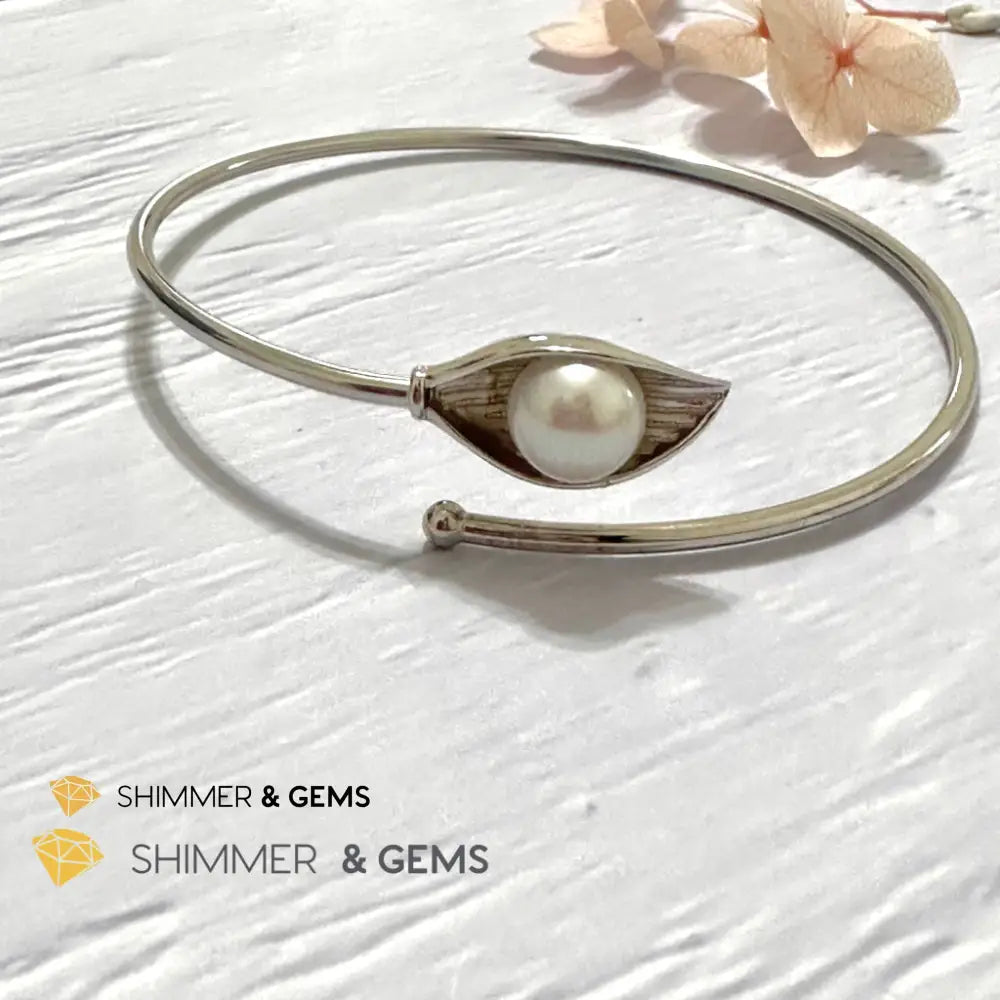 Freshwater Pearl 9mm Round 925 Silver Bangle Adjustable Open Bangle