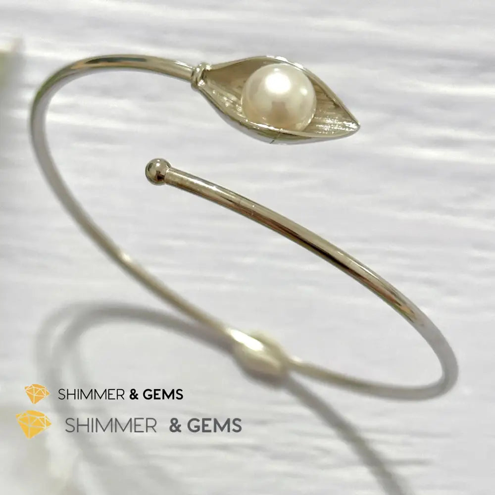Freshwater Pearl 9mm Round 925 Silver Bangle Adjustable Open Bangle