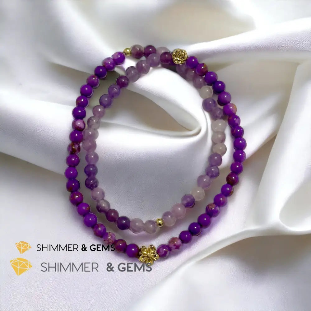 Goddess Athena Infinity Double Bracelet (Courage and Positivity) Purple Mica & Lepidolite 4mm with 14k Goldplated