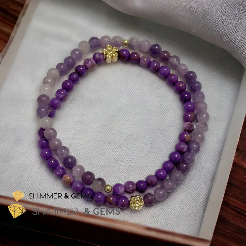 Goddess Athena Infinity Double Bracelet (Courage and Positivity) Purple Mica & Lepidolite 4mm with 14k Goldplated