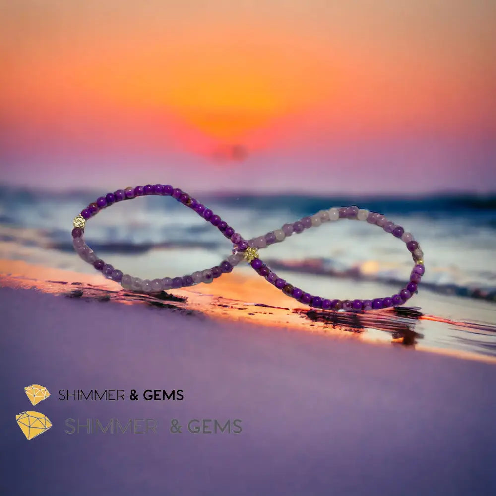 Goddess Athena Infinity Double Bracelet (Courage and Positivity) Purple Mica & Lepidolite 4mm with 14k Goldplated