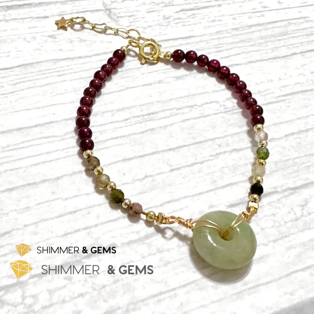 Good Luck Charm Garnet Mixed Tourmaline & Jade Bracelet Donut jade