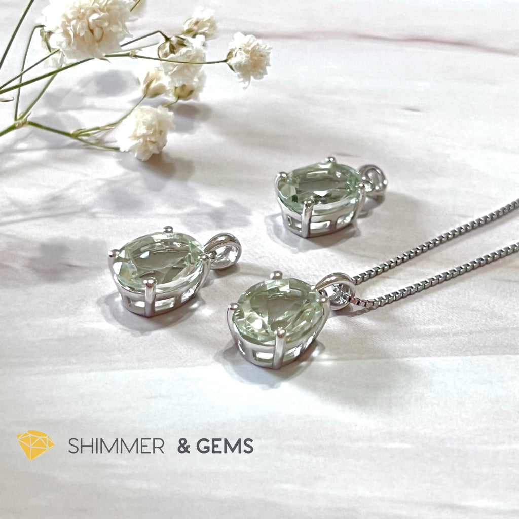 Green Amethyst Oval Facet 925 Silver Pendant (Courage & Healing) 9X11Mm Charms Pendants