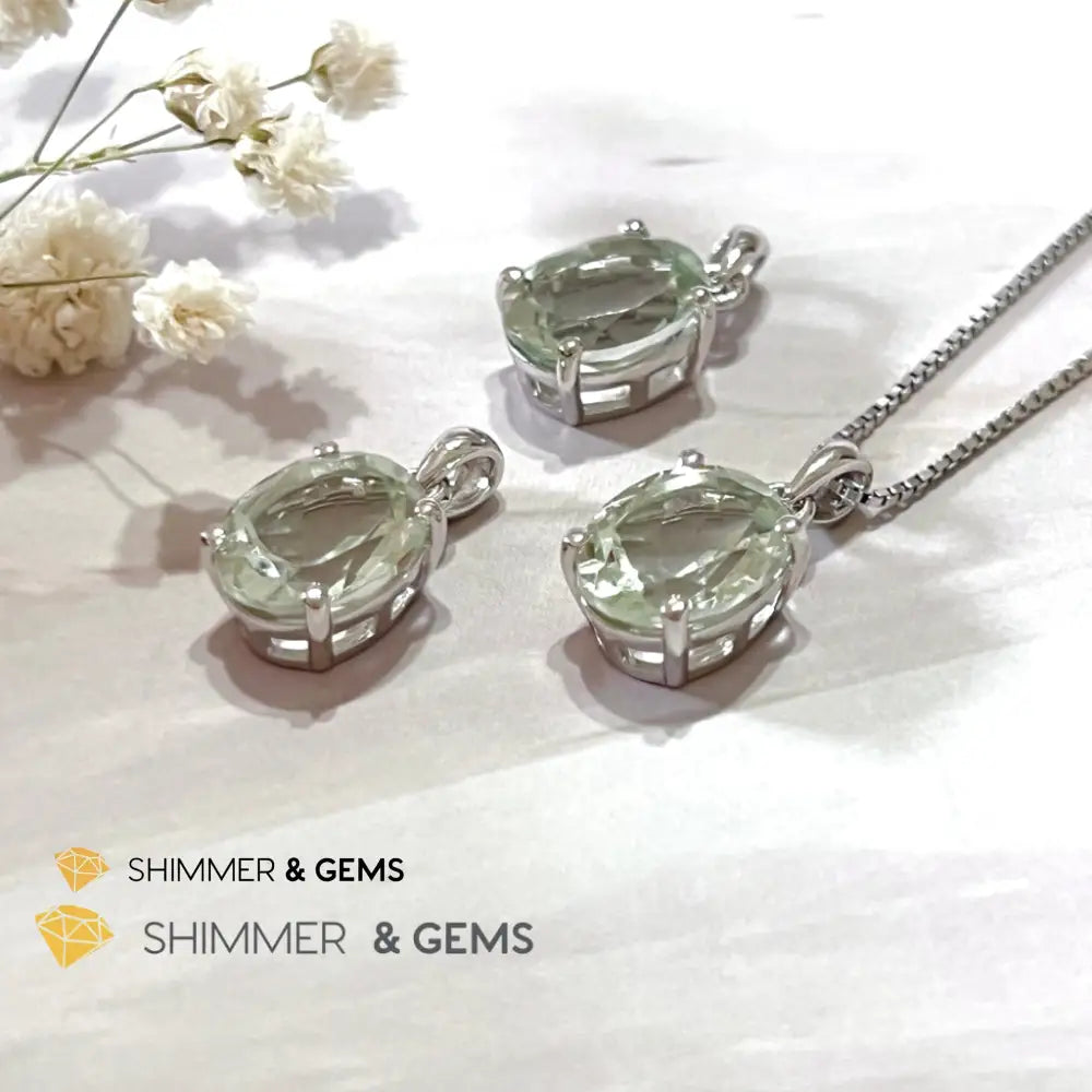 Green Amethyst Oval Facet 925 Silver Pendant (Courage & Healing) 9X11Mm Charms Pendants