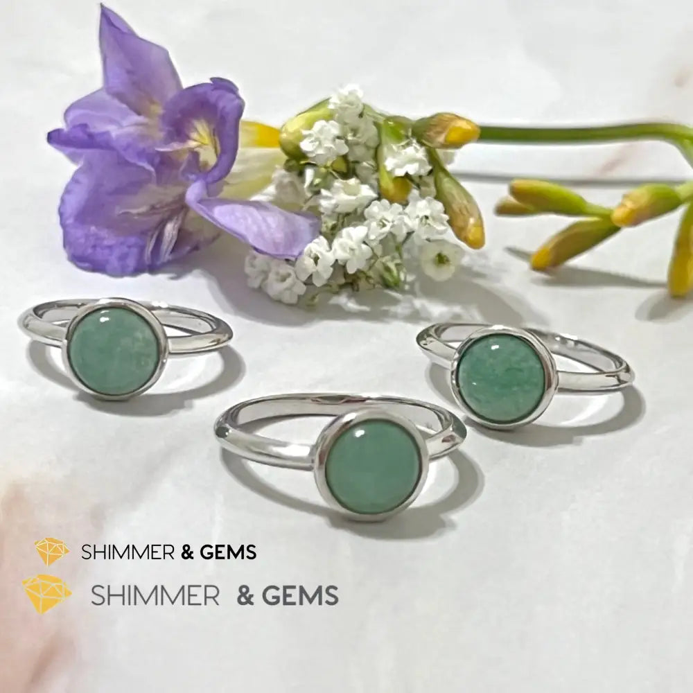 Green Aventurine Round (8Mm) 925 Silver Ring