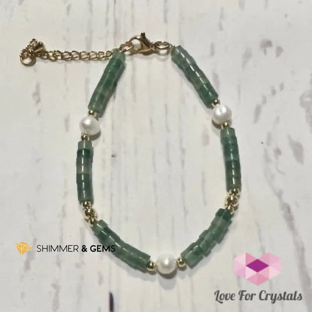 Green Aventurine with Pearl in stainless steel chain (adjustable size) 5.5”-7.0” Bracelets