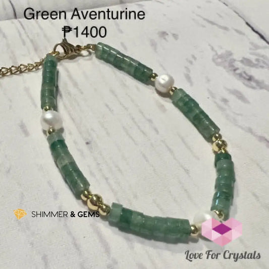 Green Aventurine with Pearl in stainless steel chain (adjustable size) 5.5”-7.0” Bracelets