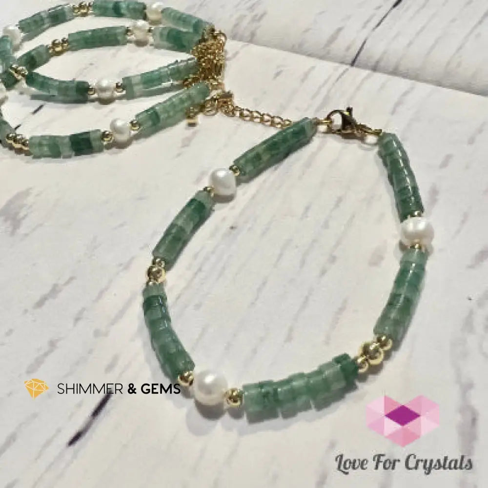 Green Aventurine with Pearl in stainless steel chain (adjustable size) 5.5”-7.0” Bracelets