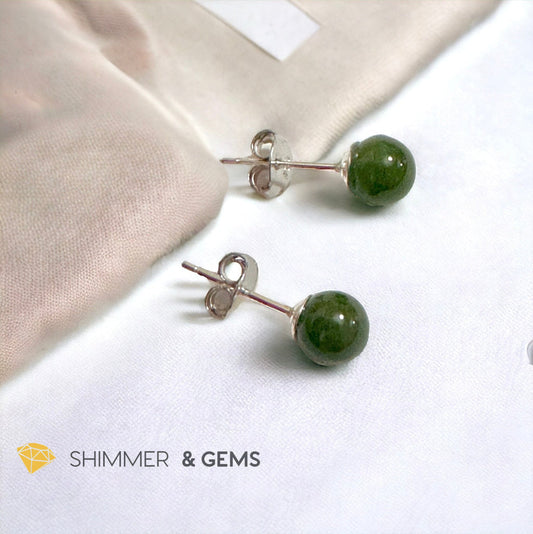 Green Jade Ball Earrings 925 Silver (6mm) Russian Nephrite
