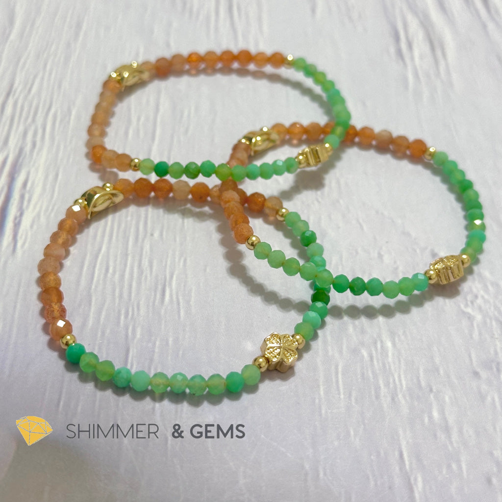 Happy Mood Lucky Bracelet (Sunstone & Chrysoprase 4mm Faceted with 14k Gold Plated Ingot & Clover Charms)