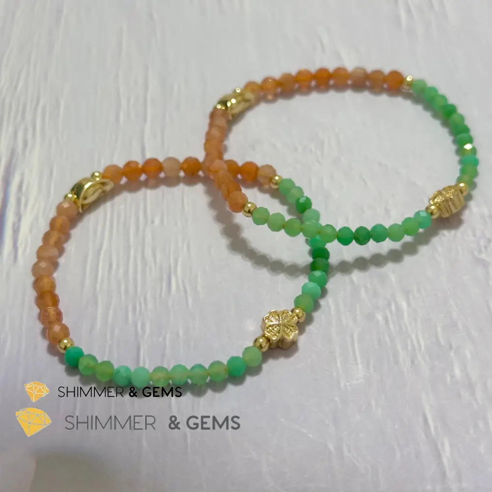 Happy Mood Lucky Bracelet (Sunstone & Chrysoprase 4mm Faceted with 14k Gold Plated Ingot & Clover Charms)
