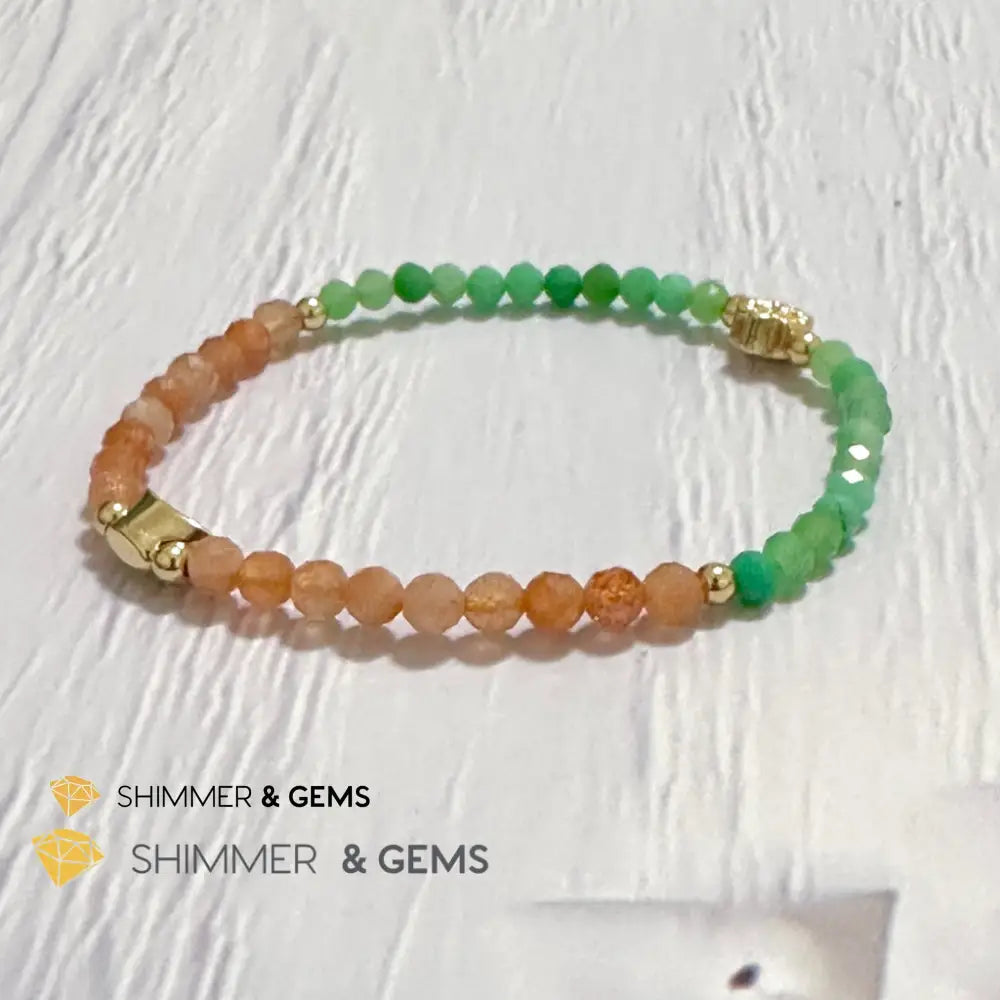 Happy Mood Lucky Bracelet (Sunstone & Chrysoprase 4mm Faceted with 14k Gold Plated Ingot & Clover Charms)