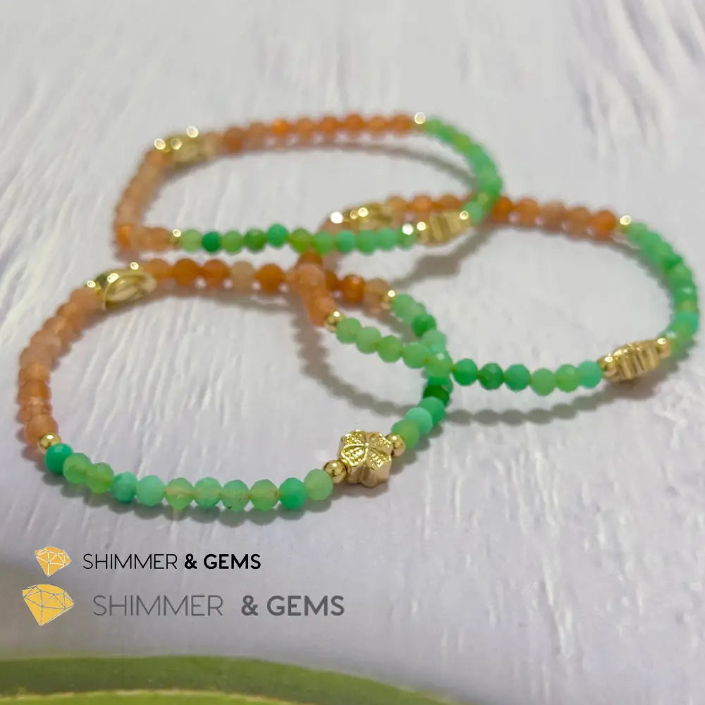 Happy Mood Lucky Bracelet (Sunstone & Chrysoprase 4mm Faceted with 14k Gold Plated Ingot & Clover Charms)