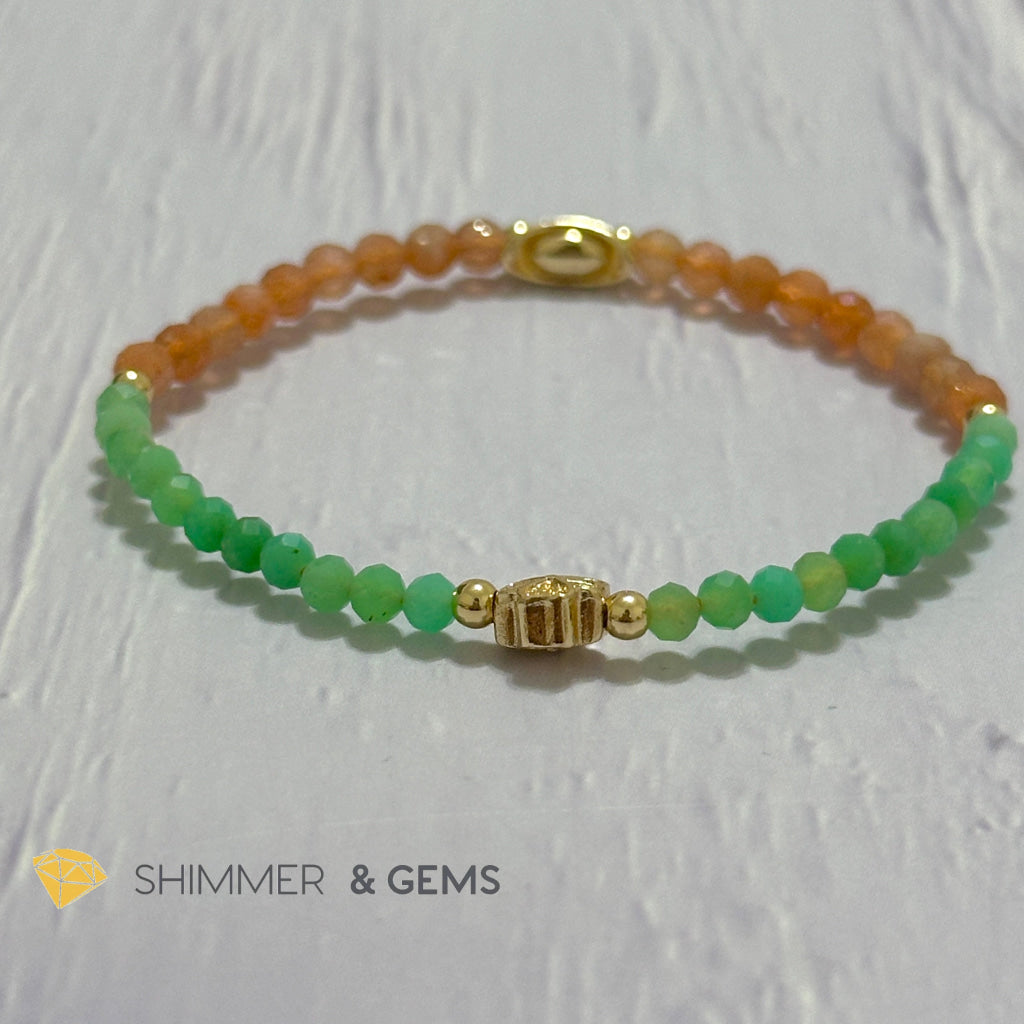 Happy Mood Lucky Bracelet (Sunstone & Chrysoprase 4mm Faceted with 14k Gold Plated Ingot & Clover Charms)