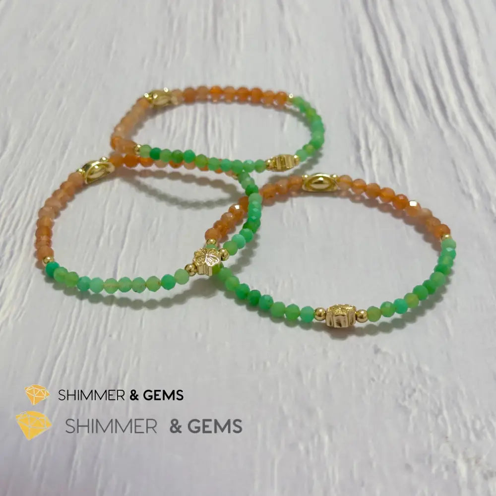 Happy Mood Lucky Bracelet (Sunstone & Chrysoprase 4mm Faceted with 14k Gold Plated Ingot & Clover Charms)