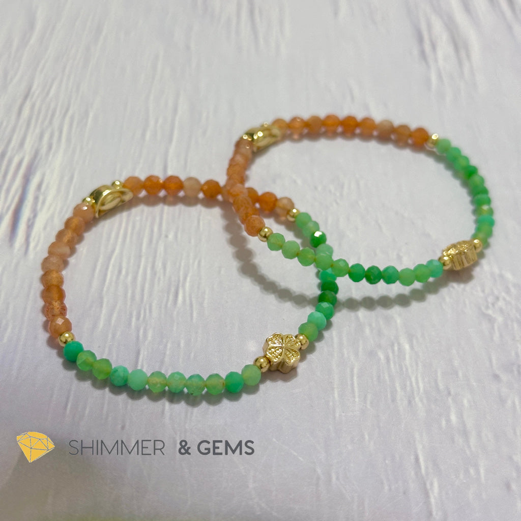 Happy Mood Lucky Bracelet (Sunstone & Chrysoprase 4mm Faceted with 14k Gold Plated Ingot & Clover Charms)