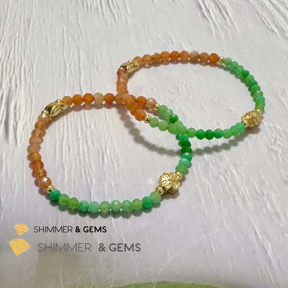 Happy Mood Lucky Bracelet (Sunstone & Chrysoprase 4mm Faceted with 14k Gold Plated Ingot & Clover Charms)