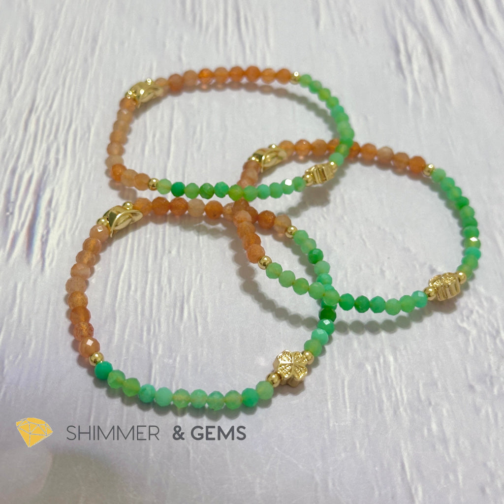 Happy Mood Lucky Bracelet (Sunstone & Chrysoprase 4mm Faceted with 14k Gold Plated Ingot & Clover Charms)