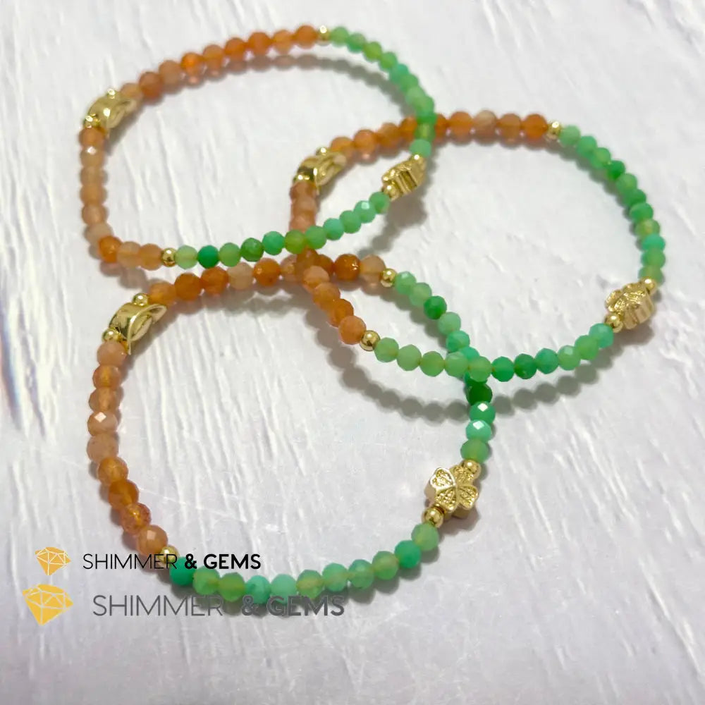Happy Mood Lucky Bracelet (Sunstone & Chrysoprase 4mm Faceted with 14k Gold Plated Ingot & Clover Charms)