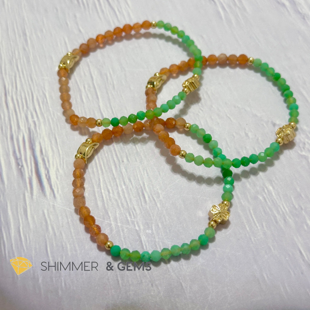 Happy Mood Lucky Bracelet (Sunstone & Chrysoprase 4mm Faceted with 14k Gold Plated Ingot & Clover Charms)