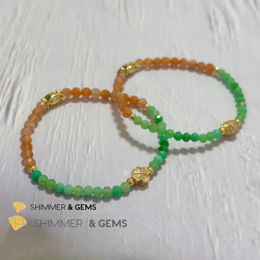 Happy Mood Lucky Bracelet (Sunstone & Chrysoprase 4mm Faceted with 14k Gold Plated Ingot & Clover Charms)