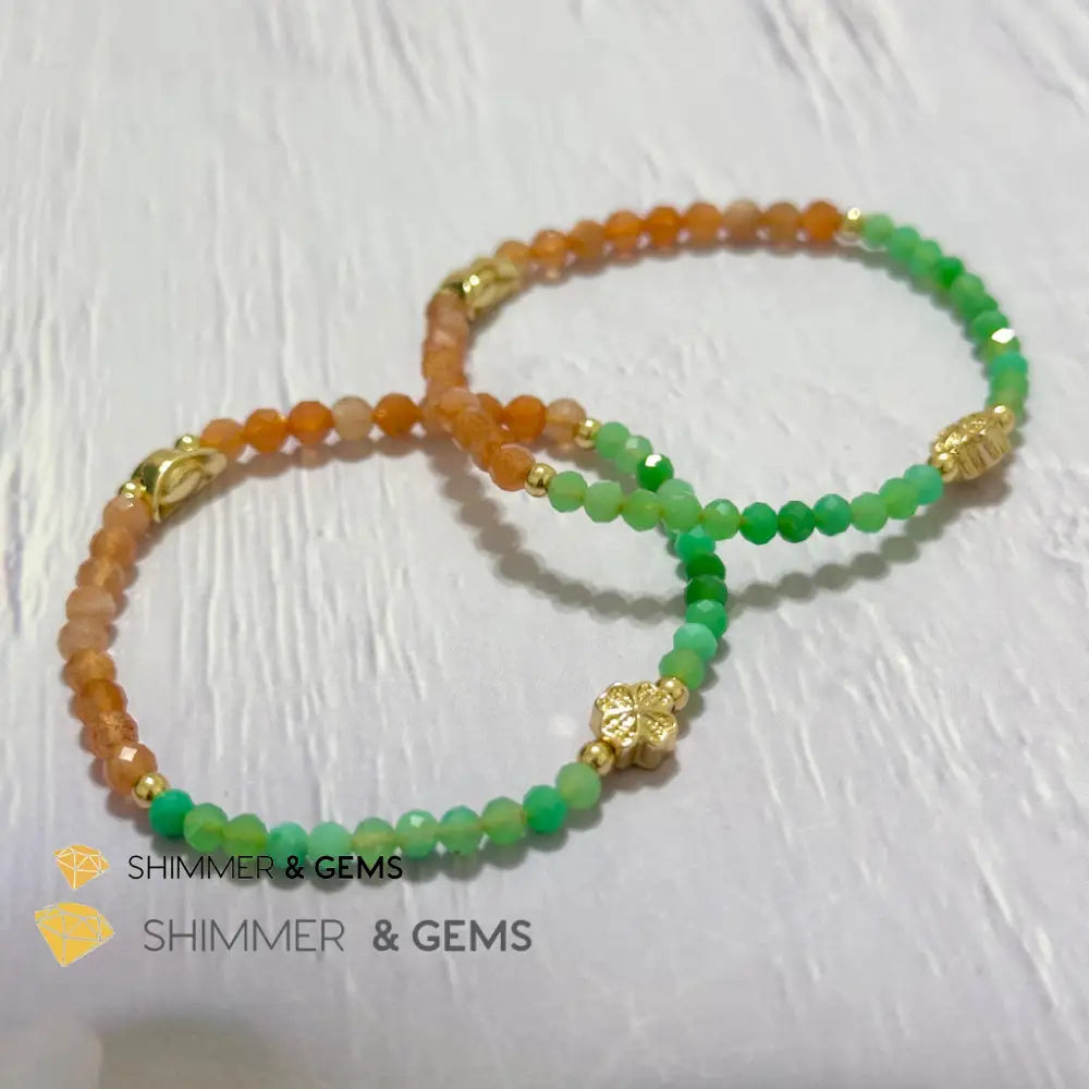 Happy Mood Lucky Bracelet (Sunstone & Chrysoprase 4mm Faceted with 14k Gold Plated Ingot & Clover Charms)