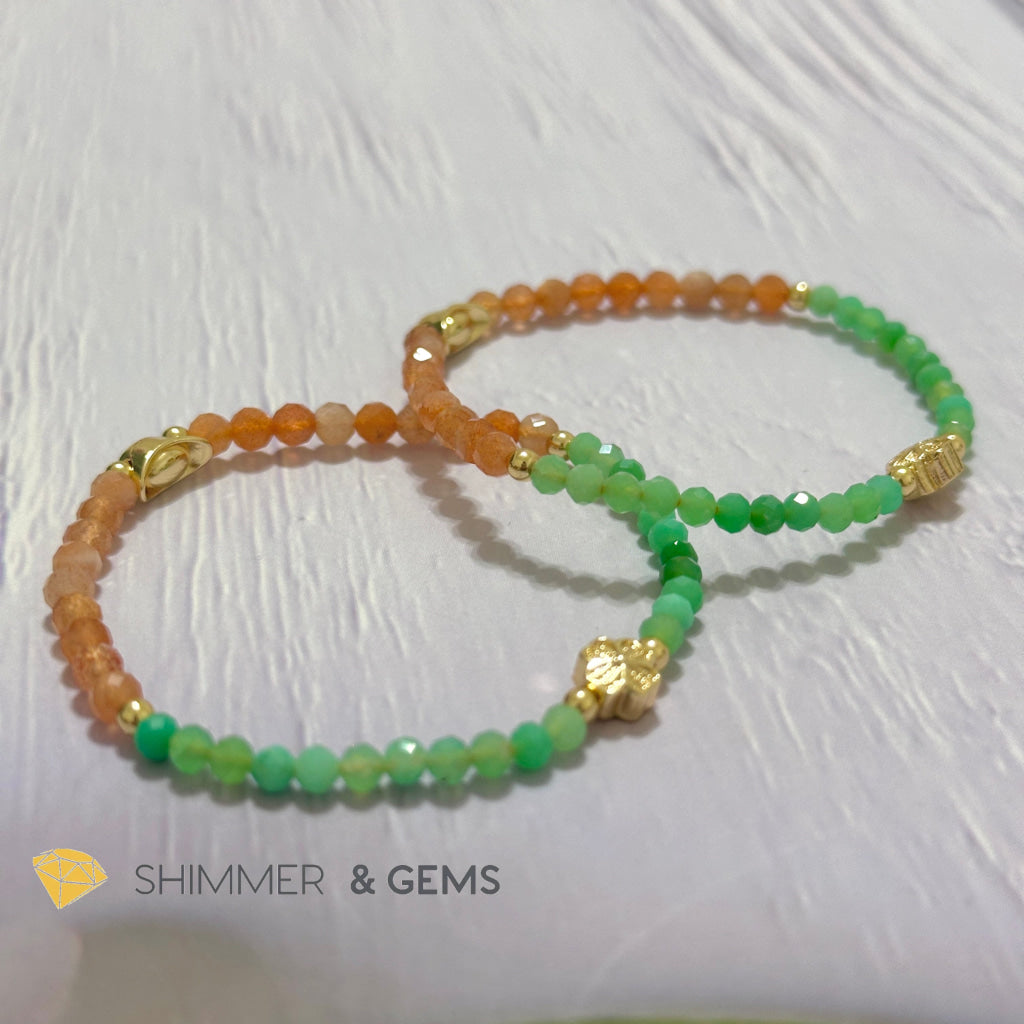 Happy Mood Lucky Bracelet (Sunstone & Chrysoprase 4mm Faceted with 14k Gold Plated Ingot & Clover Charms)