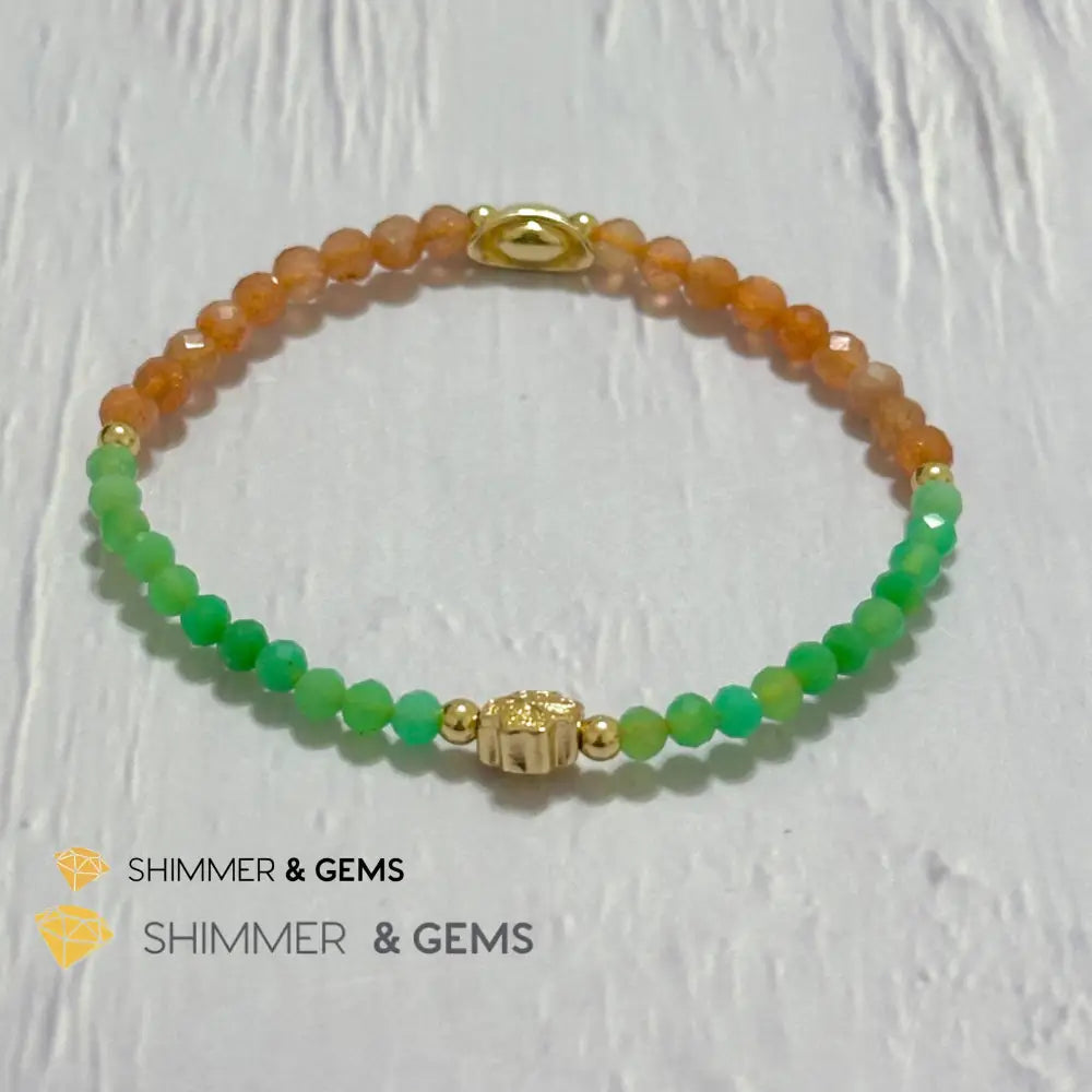Happy Mood Lucky Bracelet (Sunstone & Chrysoprase 4mm Faceted with 14k Gold Plated Ingot & Clover Charms)