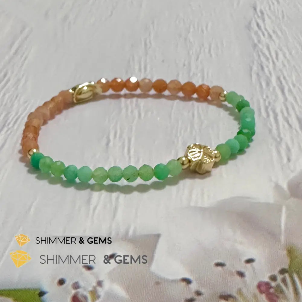Happy Mood Lucky Bracelet (Sunstone & Chrysoprase 4mm Faceted with 14k Gold Plated Ingot & Clover Charms)