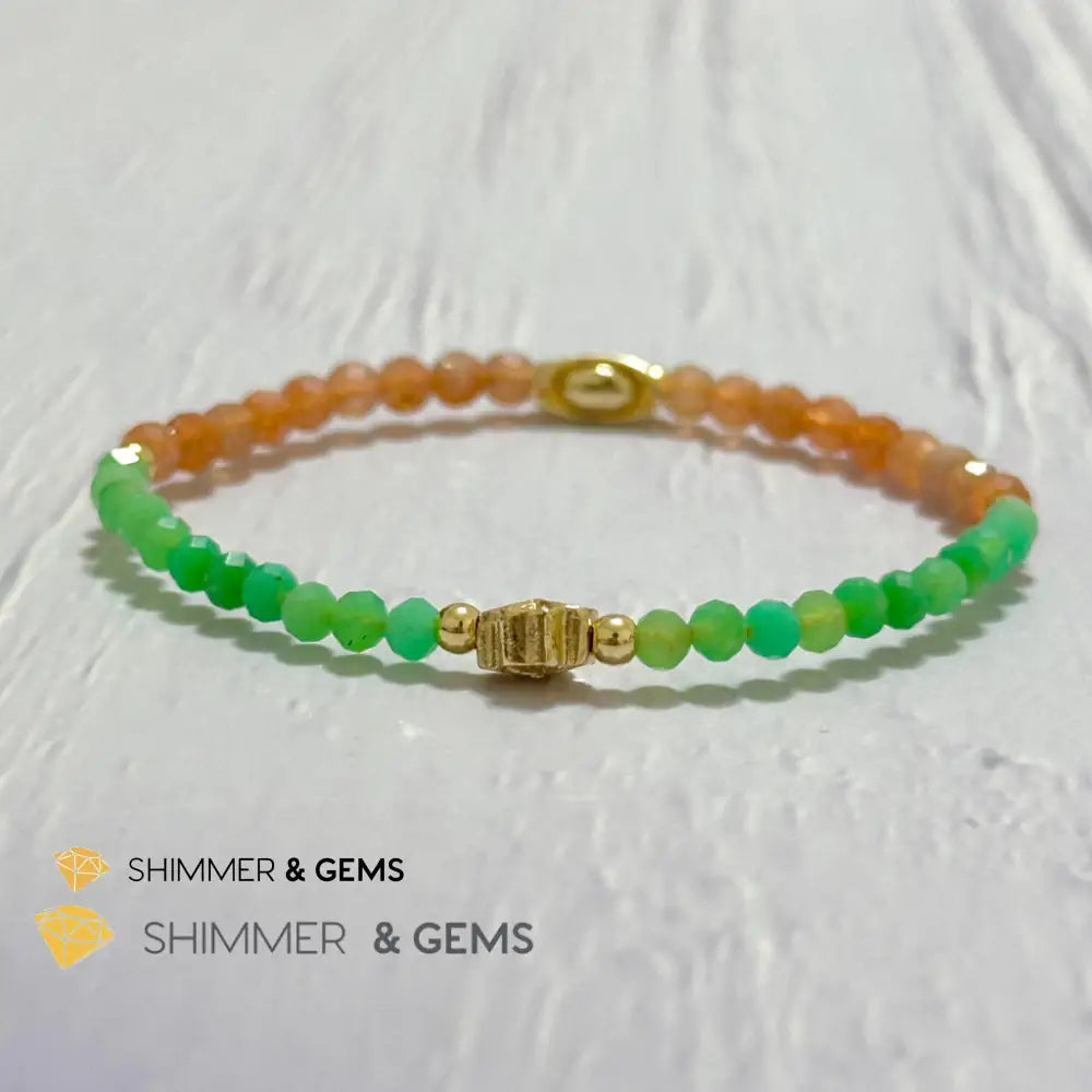 Happy Mood Lucky Bracelet (Sunstone & Chrysoprase 4mm Faceted with 14k Gold Plated Ingot & Clover Charms) 5.5”