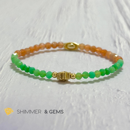 Happy Mood Lucky Bracelet (Sunstone & Chrysoprase 4mm Faceted with 14k Gold Plated Ingot & Clover Charms)