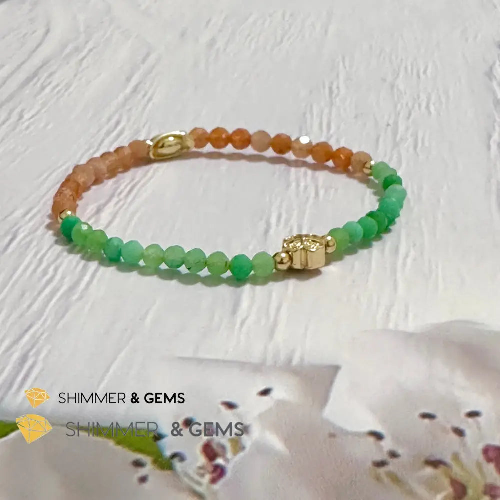 Happy Mood Lucky Bracelet (Sunstone & Chrysoprase 4mm Faceted with 14k Gold Plated Ingot & Clover Charms)