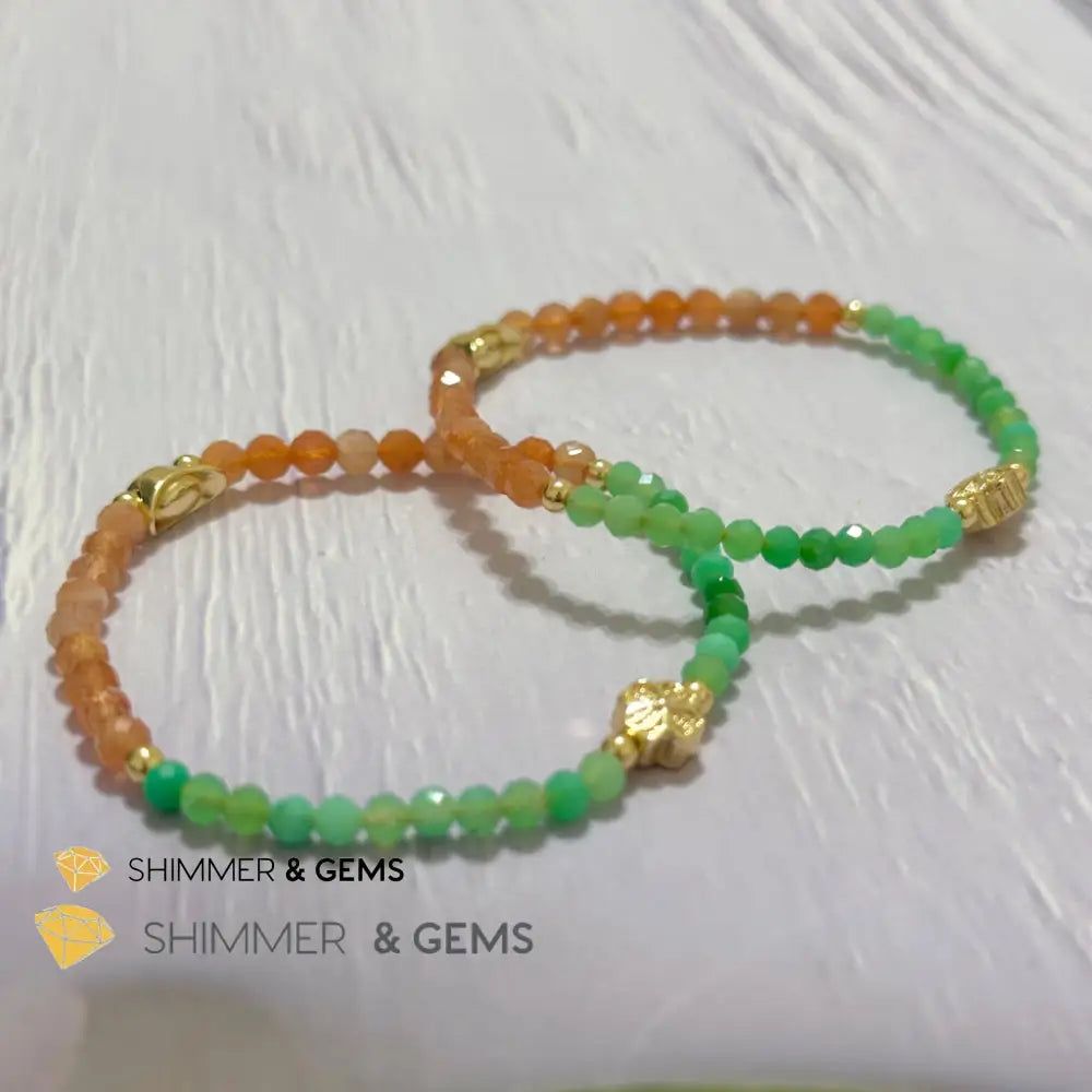 Happy Mood Lucky Bracelet (Sunstone & Chrysoprase 4mm Faceted with 14k Gold Plated Ingot & Clover Charms)