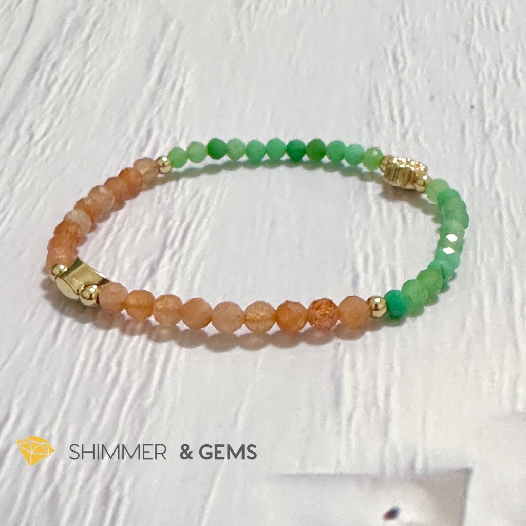 Happy Mood Lucky Bracelet (Sunstone & Chrysoprase 4mm Faceted with 14k Gold Plated Ingot & Clover Charms)
