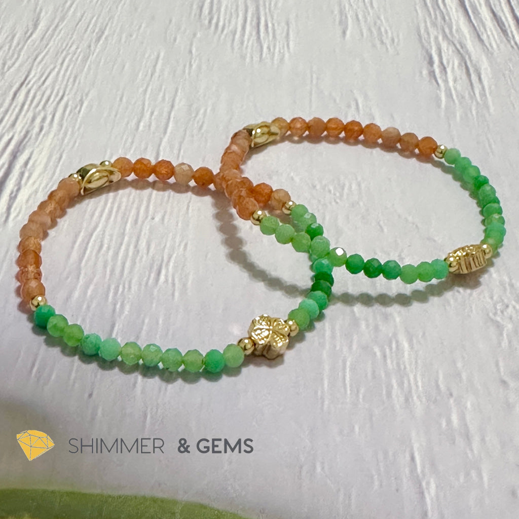 Happy Mood Lucky Bracelet (Sunstone & Chrysoprase 4mm Faceted with 14k Gold Plated Ingot & Clover Charms)