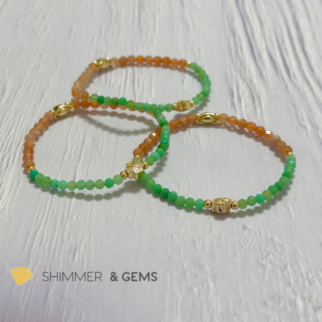 Happy Mood Lucky Bracelet (Sunstone & Chrysoprase 4mm Faceted with 14k Gold Plated Ingot & Clover Charms)