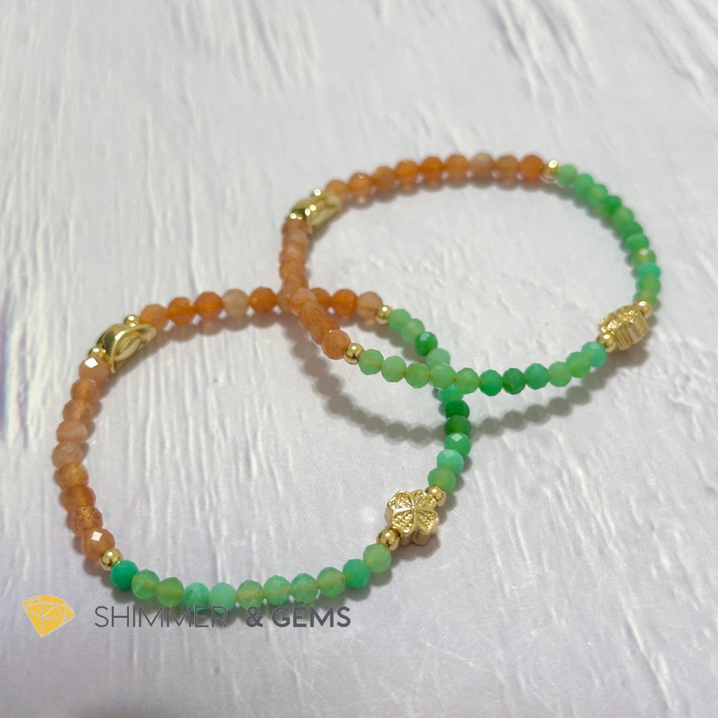Happy Mood Lucky Bracelet (Sunstone & Chrysoprase 4mm Faceted with 14k Gold Plated Ingot & Clover Charms)
