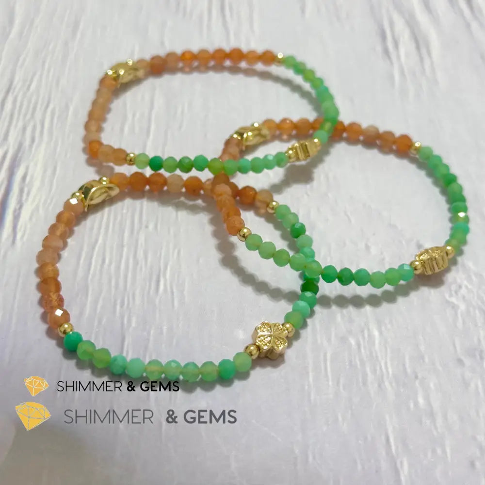 Happy Mood Lucky Bracelet (Sunstone & Chrysoprase 4mm Faceted with 14k Gold Plated Ingot & Clover Charms)