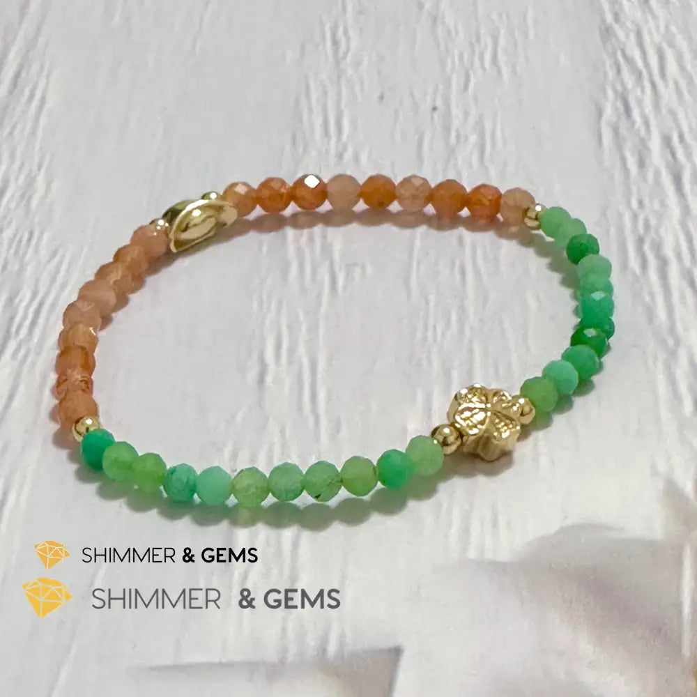Happy Mood Lucky Bracelet (Sunstone & Chrysoprase 4mm Faceted with 14k Gold Plated Ingot & Clover Charms)