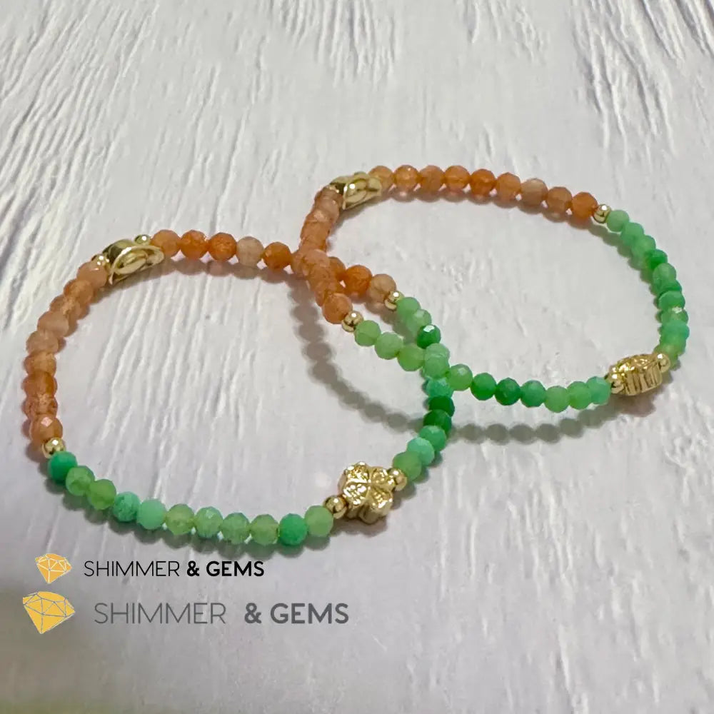 Happy Mood Lucky Bracelet (Sunstone & Chrysoprase 4mm Faceted with 14k Gold Plated Ingot & Clover Charms)