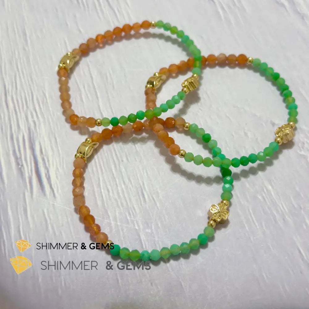 Happy Mood Lucky Bracelet (Sunstone & Chrysoprase 4mm Faceted with 14k Gold Plated Ingot & Clover Charms)