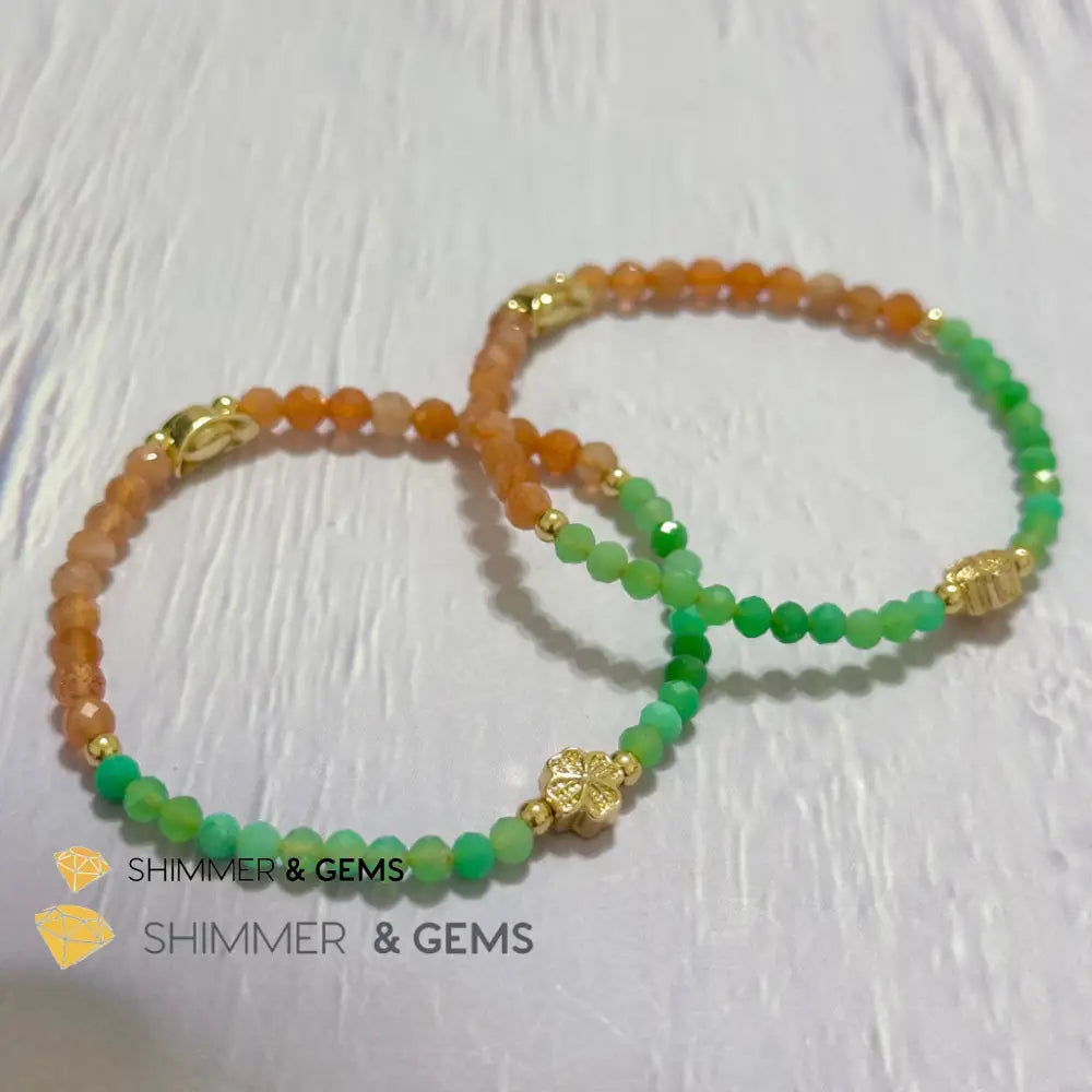 Happy Mood Lucky Bracelet (Sunstone & Chrysoprase 4mm Faceted with 14k Gold Plated Ingot & Clover Charms)