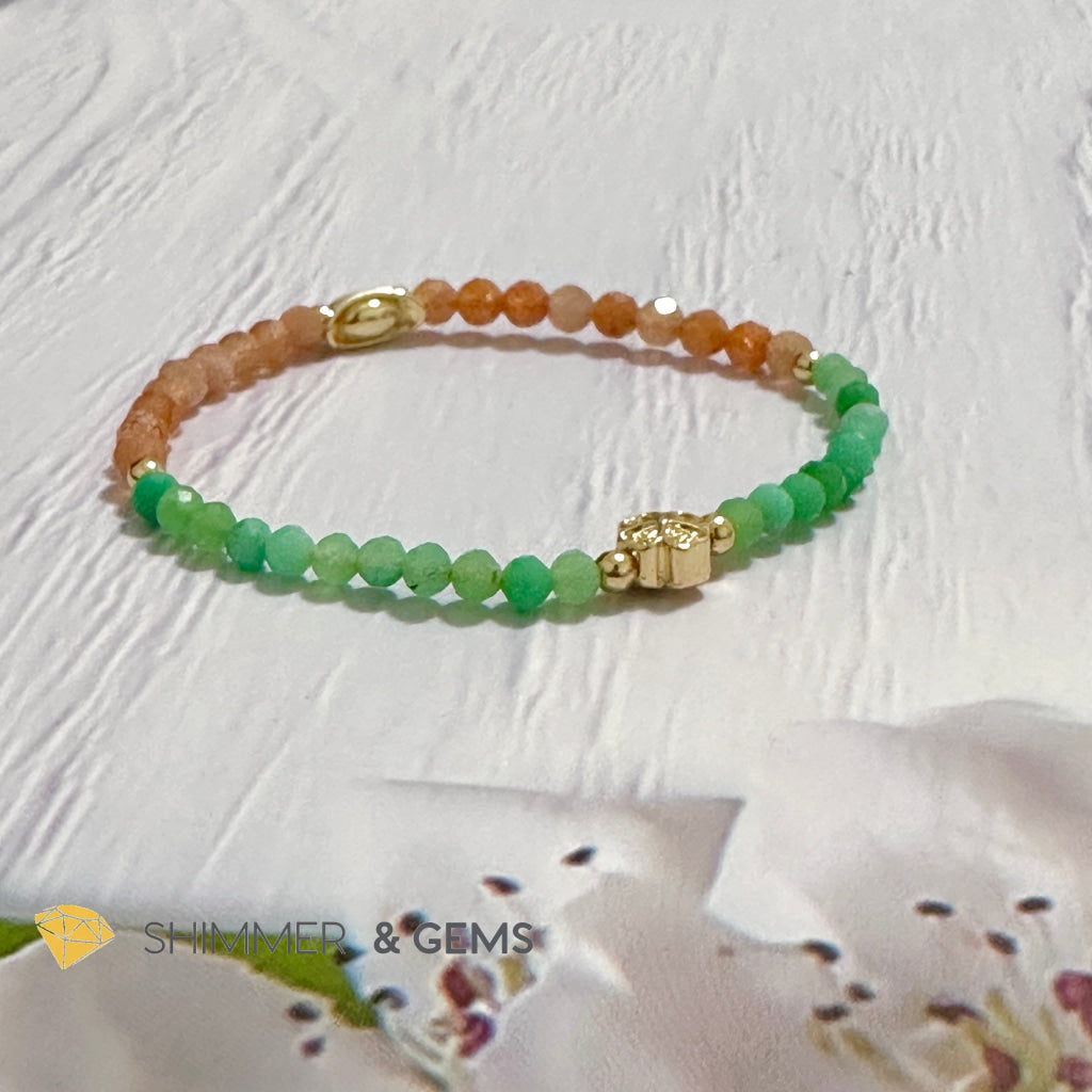 Happy Mood Lucky Bracelet (Sunstone & Chrysoprase 4mm Faceted with 14k Gold Plated Ingot & Clover Charms)