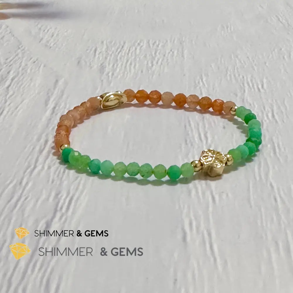 Happy Mood Lucky Bracelet (Sunstone & Chrysoprase 4mm Faceted with 14k Gold Plated Ingot & Clover Charms)