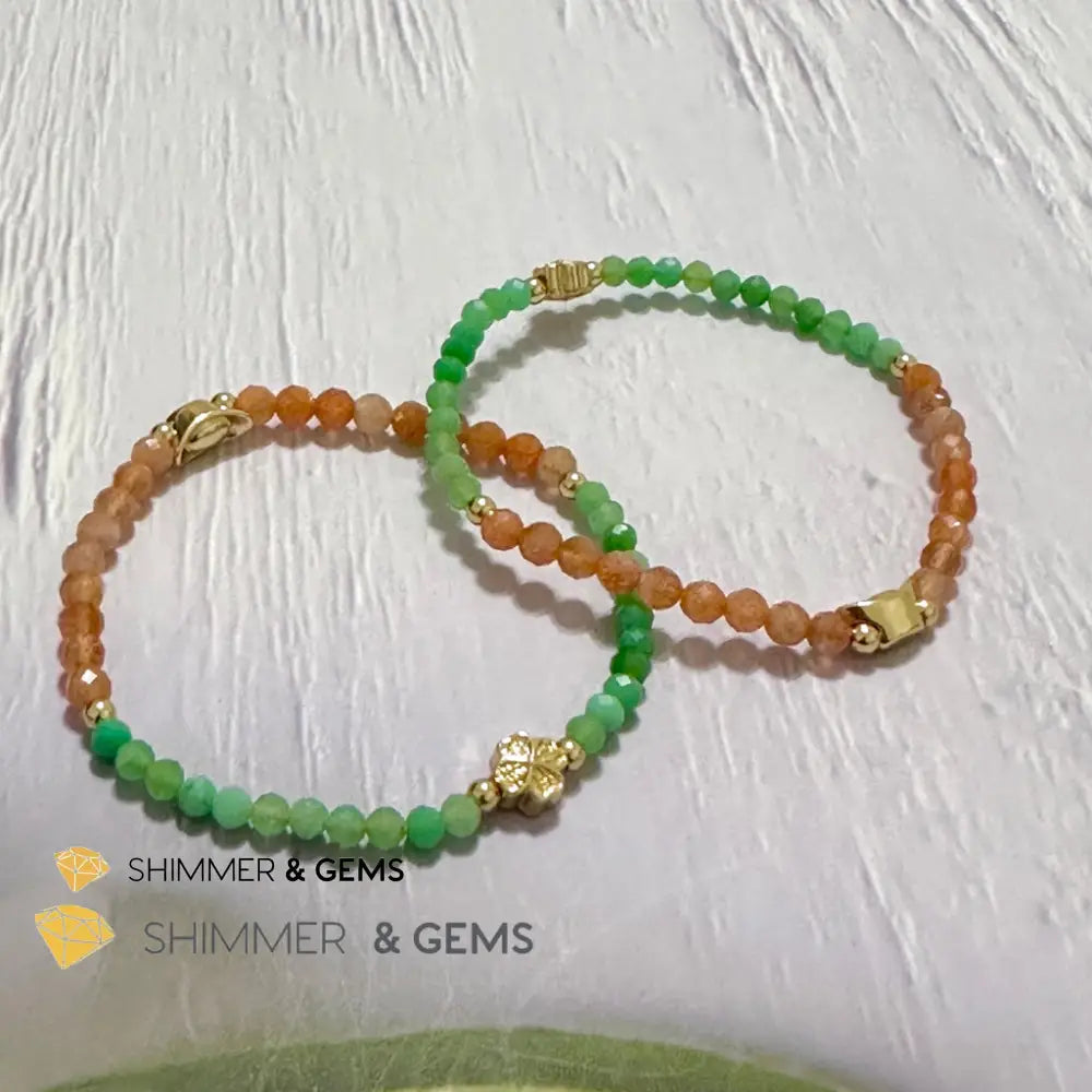 Happy Mood Lucky Bracelet (Sunstone & Chrysoprase 4mm Faceted with 14k Gold Plated Ingot & Clover Charms)